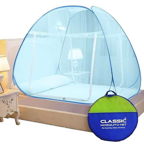 Classic Mosquito Net for Double Bed | King Size Foldable Machardani | Polyester 30GSM Strong Net | PVC Coated Corrosion Resistant Steel Wire - Full Blue